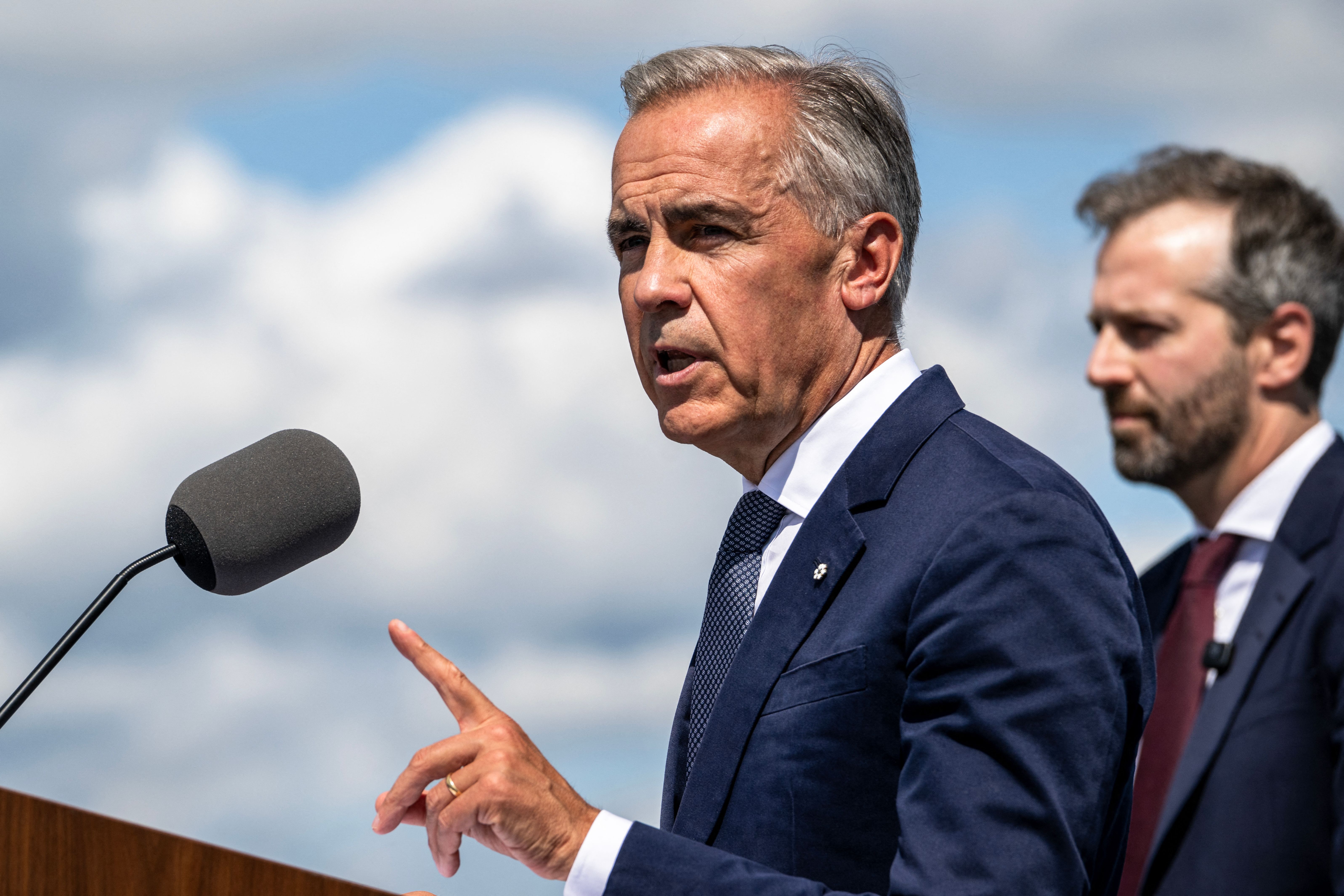Canadian Prime Minister Mark Carney speaks about the trade dispute with the United States at the Davie Shipyard in Levis, Quebec, Canada on August 24, 2026. 