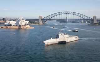 The USS Canberra in Sydney Harbour prior to her commissioning on 22 July 2023.