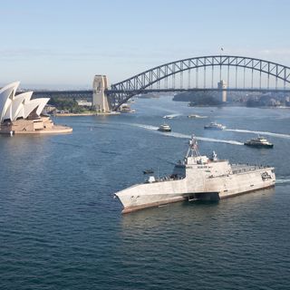 The USS Canberra in Sydney Harbour prior to her commissioning on 22 July 2023.