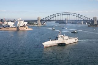 The USS Canberra in Sydney Harbour prior to her commissioning on 22 July 2023.