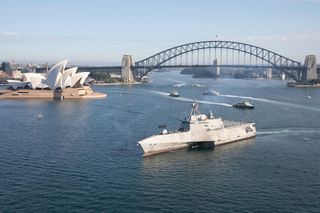 The USS Canberra in Sydney Harbour prior to her commissioning on 22 July 2023.