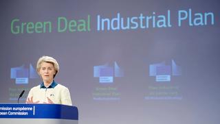The EU Commission's President Ursula von der Leyen talks to media following the presentation of a Green Deal Industrial Plan to enhance the competitiveness of Europe's net-zero industry