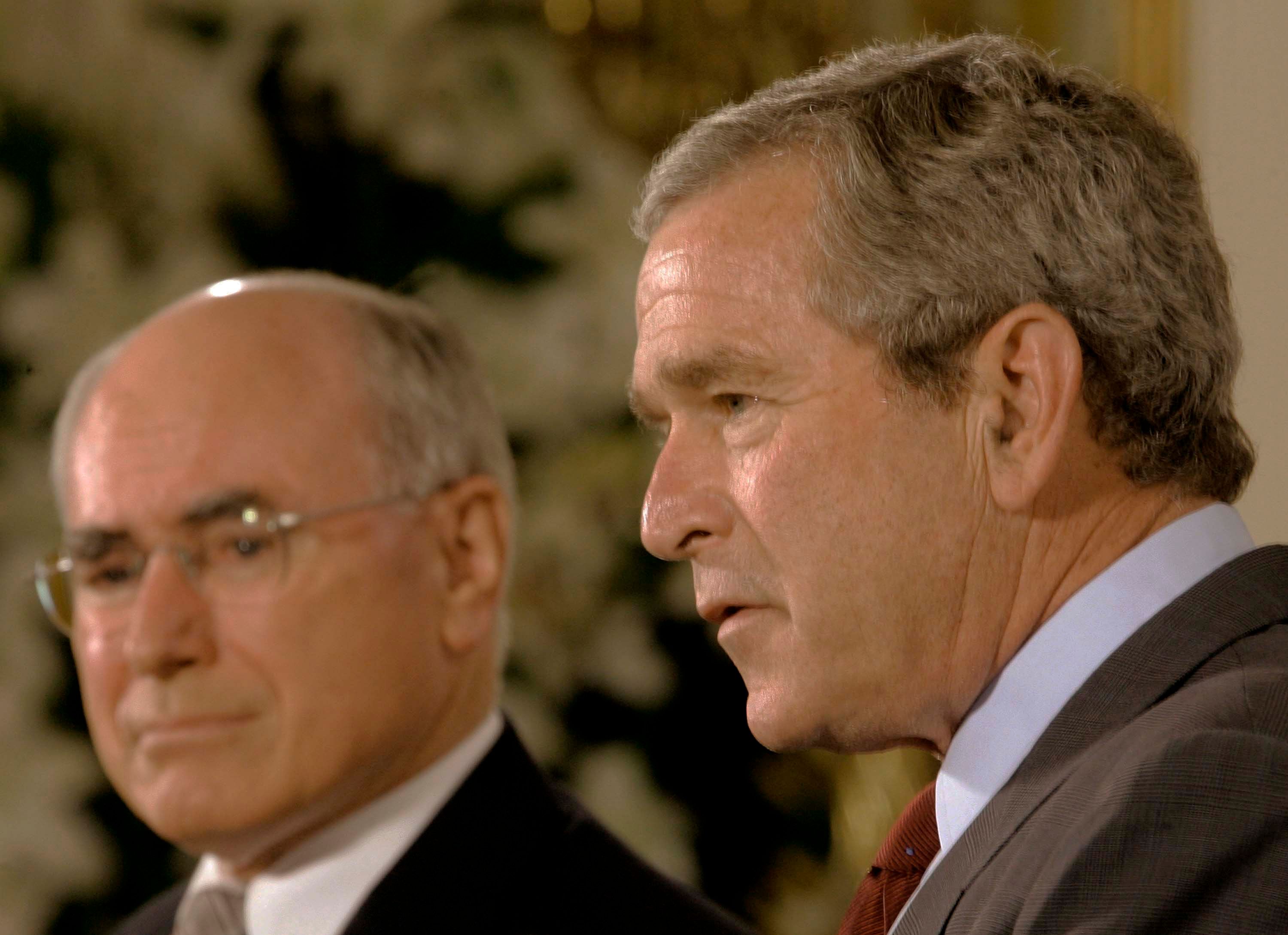 Close up of US President George W. Bush at a press conference with Australian Prime Minister John Howard