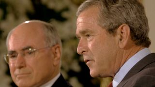 Close up of US President George W. Bush at a press conference with Australian Prime Minister John Howard