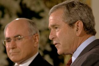 Close up of US President George W. Bush at a press conference with Australian Prime Minister John Howard