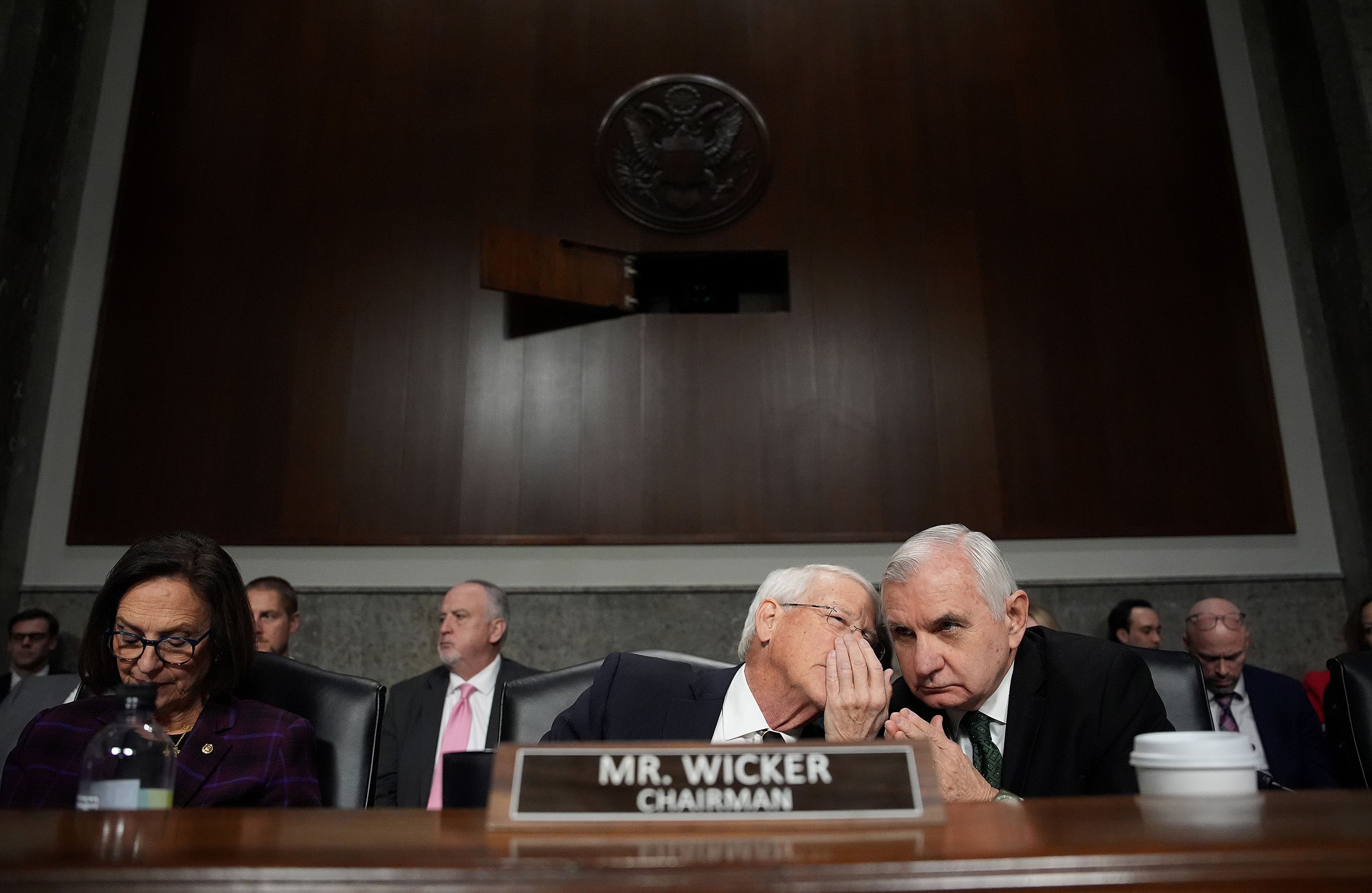 Senate Armed Services Committee Chairman Sen. Roger Wicker (R-MS) (C) talks with Ranking Member Jack Reed (D-RI) during the confirmation hearing for U.S. President-elect Donald Trump's nominee for Secretary of Defense Pete Hegseth