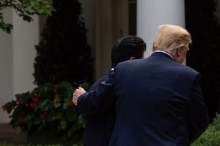 Prime Minister of Japan Shinzo Abe, and US President Donald Trump leave their joint press conference in the Rose Garden at the White House in Washington, DC, on Thursday, June 7, 2018.