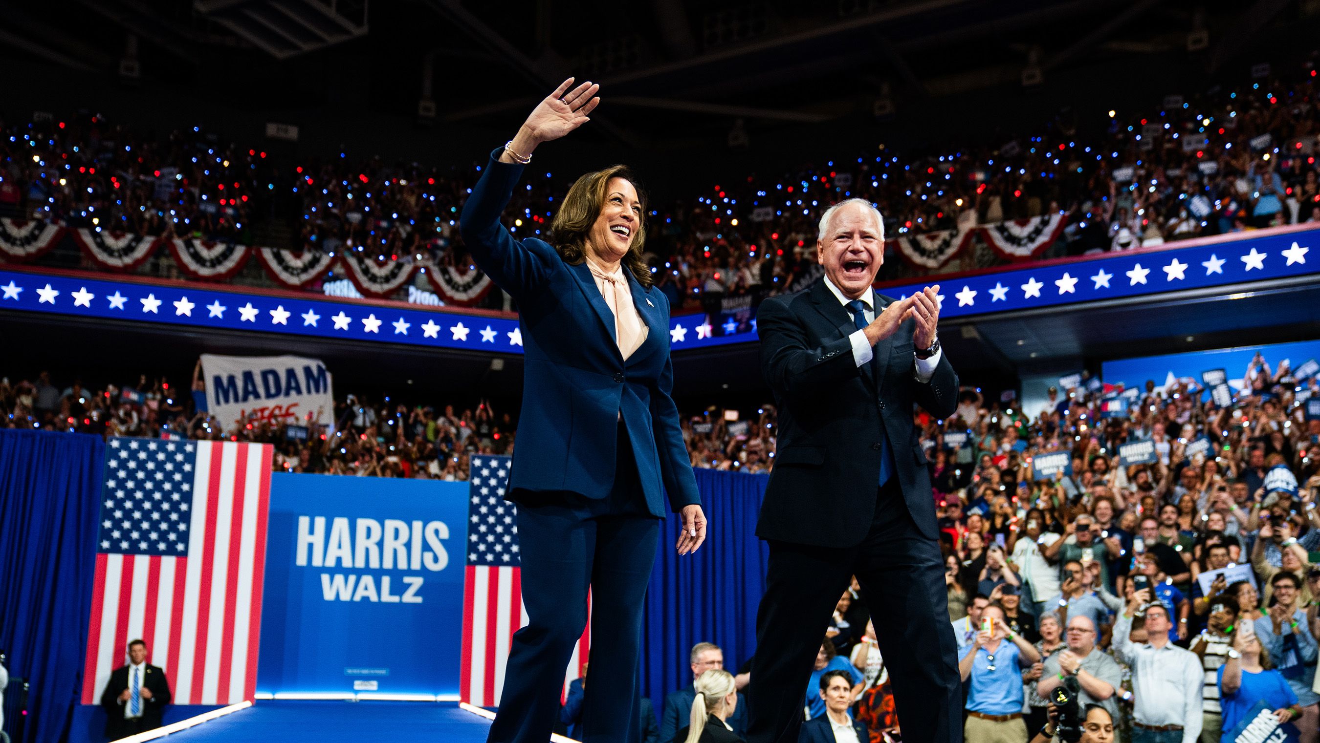 US Vice President and 2024 Democratic presidential candidate Kamala Harris and her running mate Minnesota Governor Tim Walz