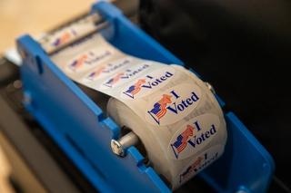 A view of “I Voted” stickers on display at the "Super Vote Center Site" for walk-in and drive-thru voting starting Oct. 30th at the Honda Center in Anaheim Wednesday, September 16, 2020.