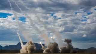 HIMARS fire in unison from the US Army 17th Field Artillery Brigade at a multi-national live firepower demonstration at Shoalwater Bay Training Area during Exercise Talisman Sabre 2023