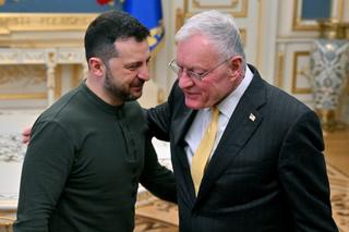 Two people in close discussion: Ukraine's President Volodymyr Zelensky greets US envoy Keith Kellogg at his offices in Kyiv in February 2025, amid the Russian invasion of Ukraine.
