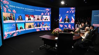 US President Joe Biden, Japan's Prime Minister Fumio Kishida and India's Prime Minister Narendra Modi attend the Indo-Pacific Economic Framework for Prosperity with other regional leaders via video link, May 2022