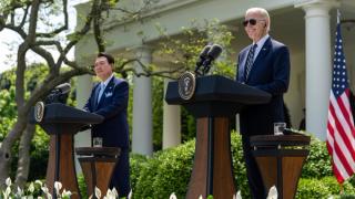 US President Joe Biden and President of the Republic of Korea Yoon Suk Yeol hold a joint press conference at the White House, April 2023