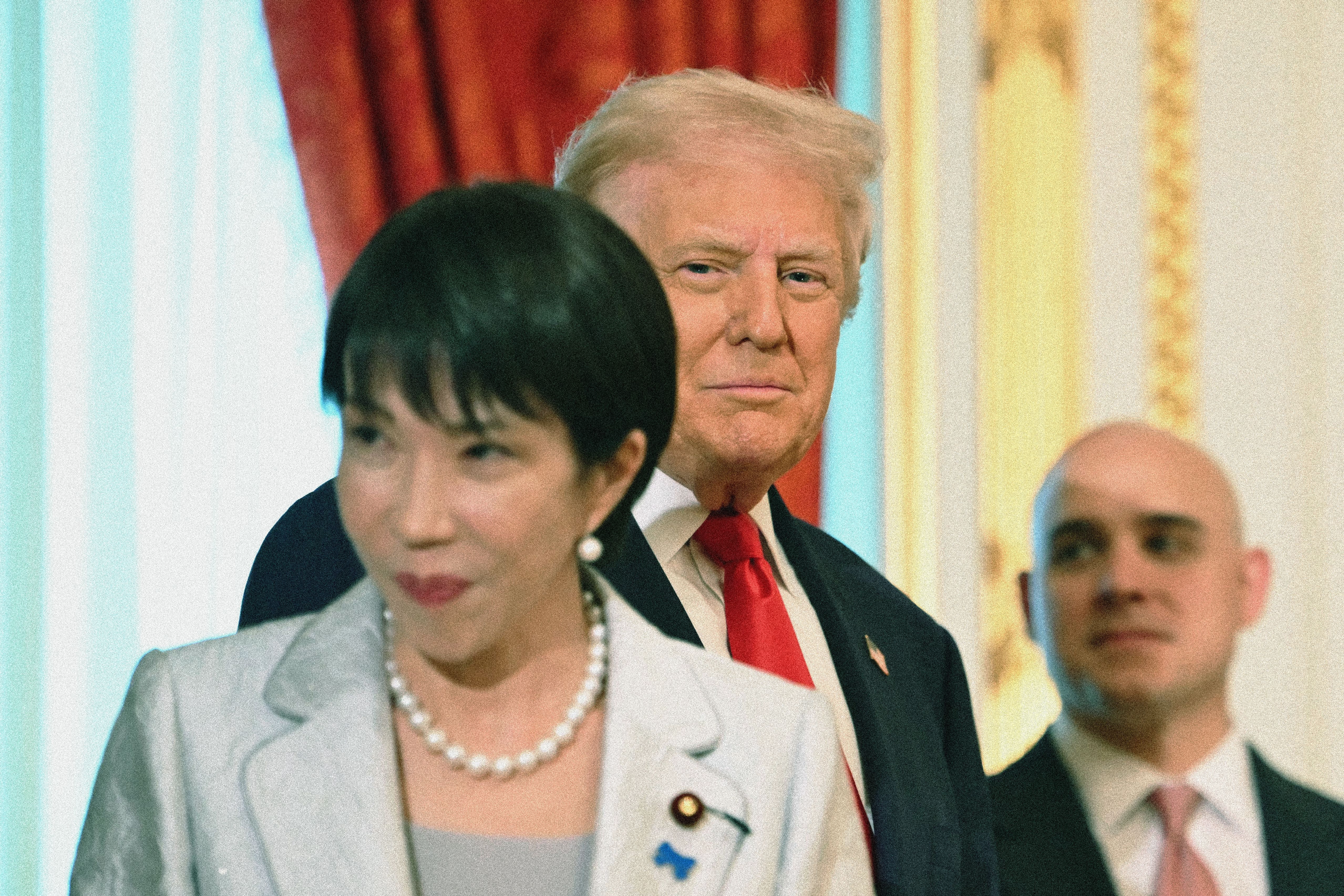 US President Donald Trump looks at Japan's Prime Minister Sanae Takaichi at the Akasaka State Guest House in Tokyo on October 28, 2025. 