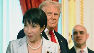 US President Donald Trump looks at Japan's Prime Minister Sanae Takaichi at the Akasaka State Guest House in Tokyo on October 28, 2025.