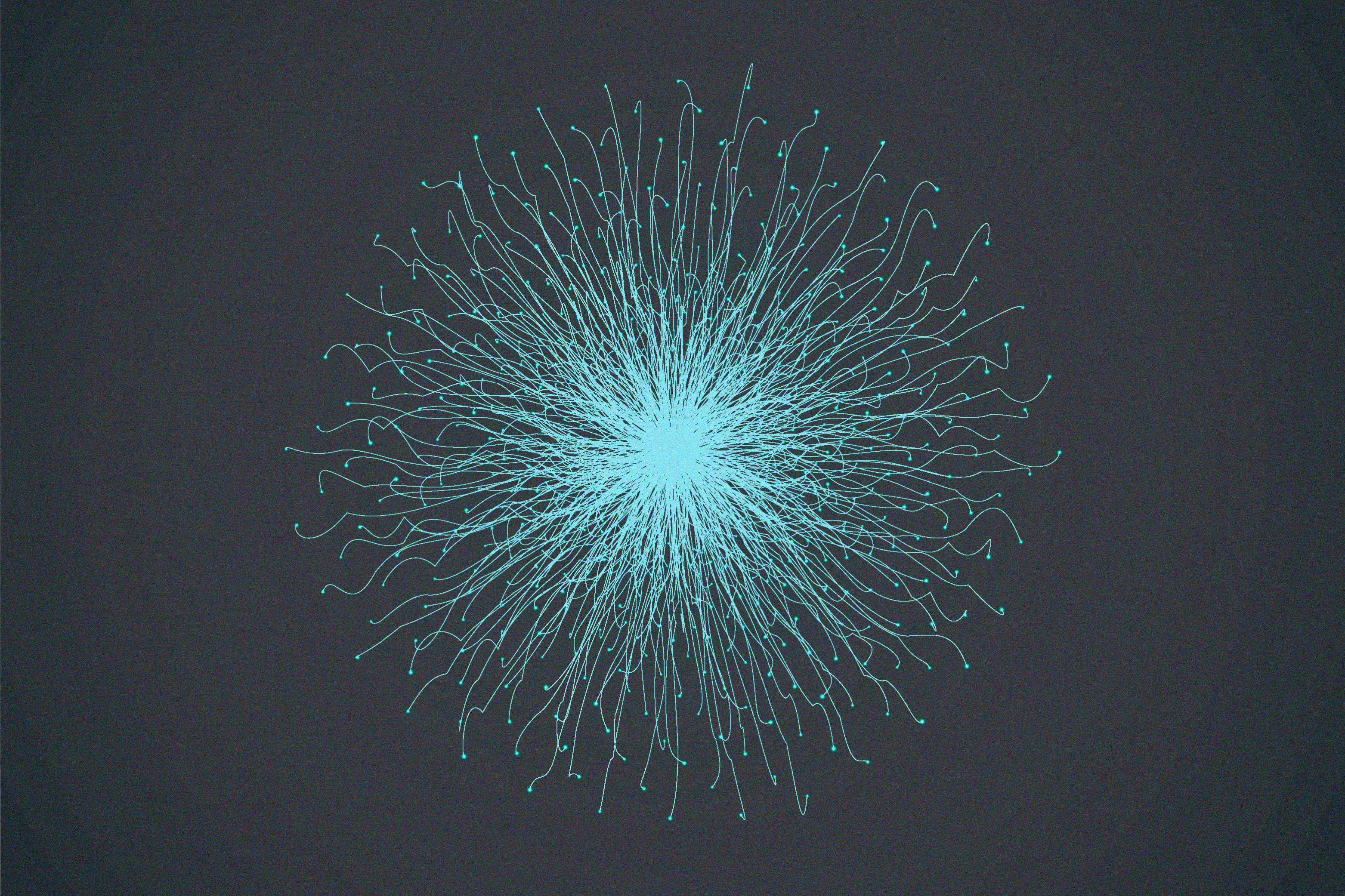 Glowing blue lines radiate from center forming abstract energy sphere and digital motion.