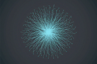 Glowing blue lines radiate from center forming abstract energy sphere and digital motion.