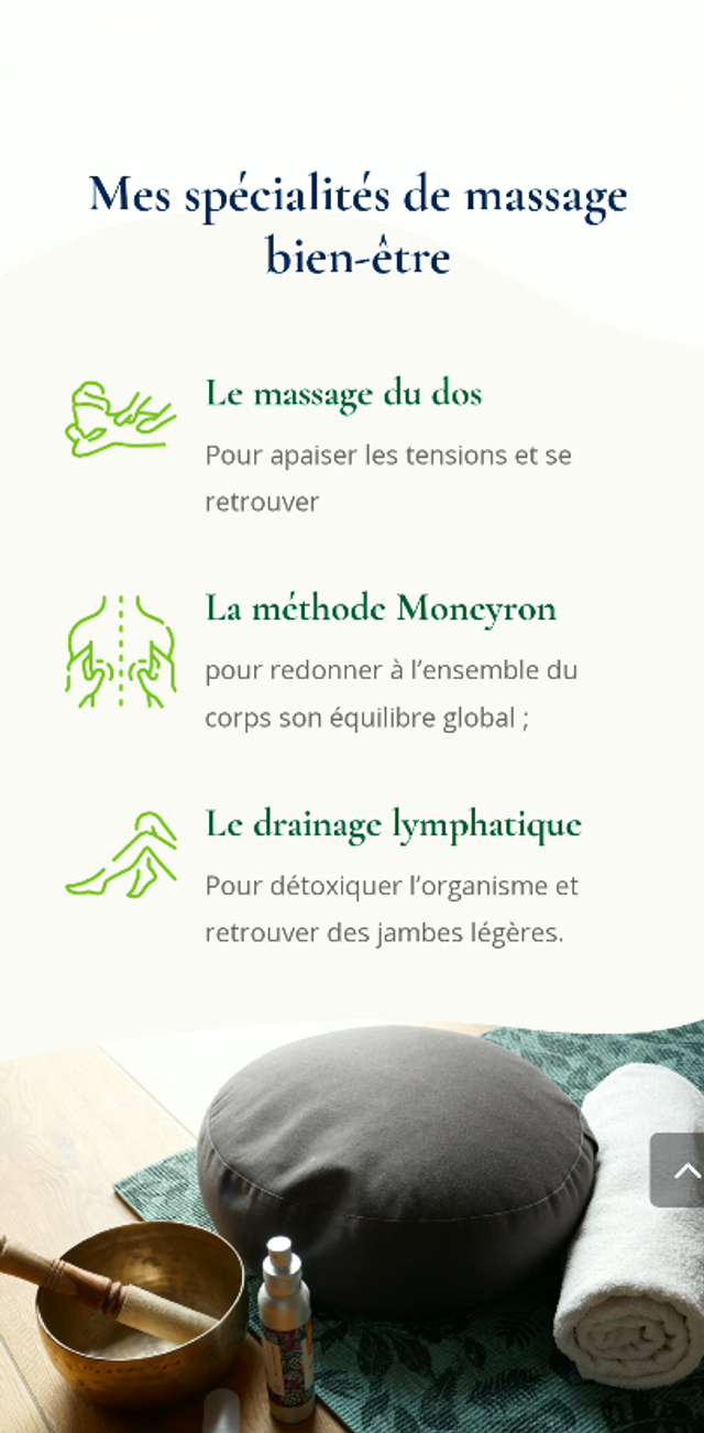 Page des spécialités de massage du site web de Quand la pause s'impose