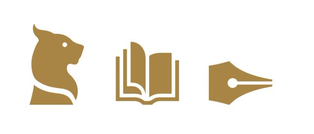 Pictogrammes Plume de Lynx : tête de lynx, livre ouvert et plume de stylo