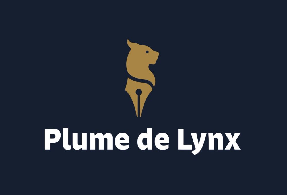 Logo Plume de Lynx doré sur fond bleu nuit : une tête de lynx prolongée par une plume de stylo