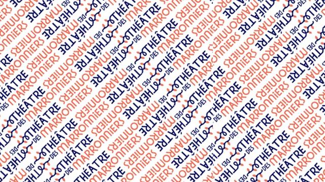 Motif répétant le nom Théâtre des Marronniers en bleu et corail