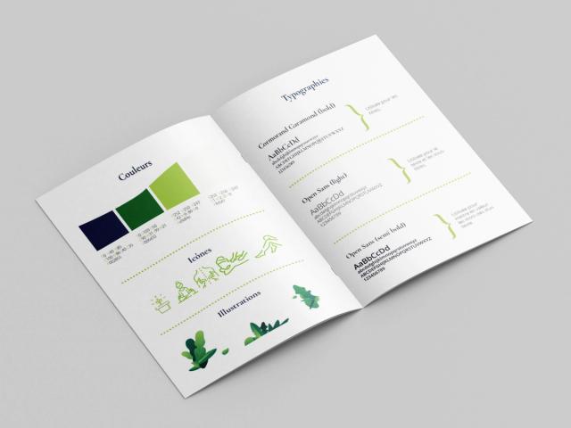 Pages de la charte graphique de Quand la pause s'impose : couleurs, typographies et illustrations