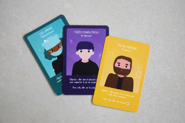 Trois cartes personnages illustrées du jeu Confin'it
