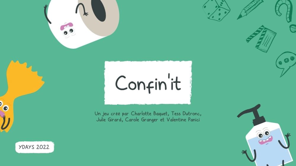 Couverture du jeu de société Confin'it sur fond vert, avec ses personnages illustrés