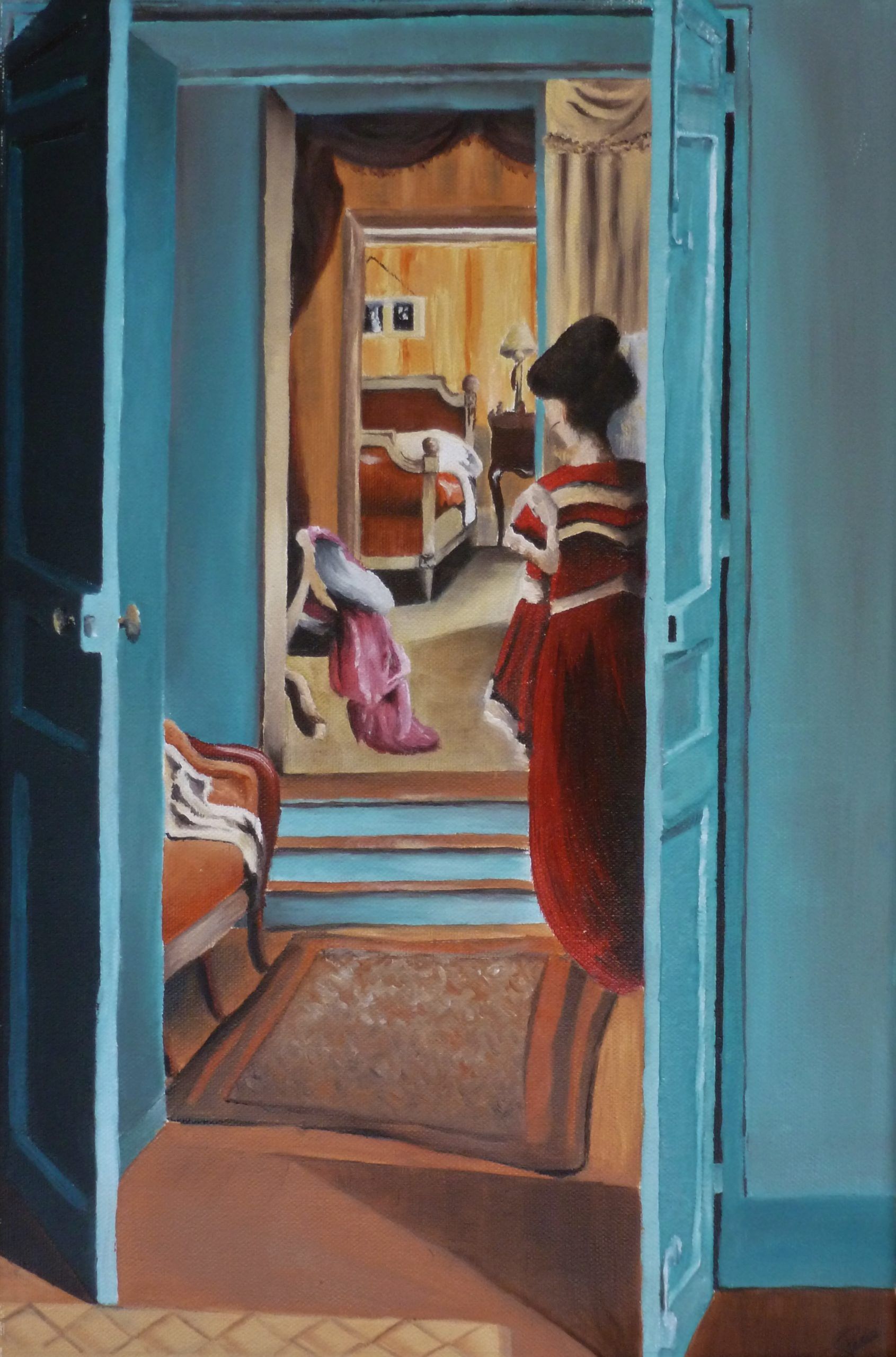 Intérieur avec femme en rouge de dos, Vallotton