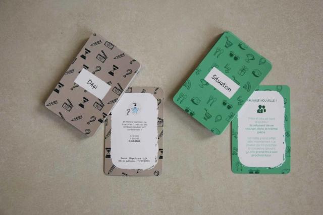 Cartes « Défi » et « Situation » du jeu Confin'it, recto et verso