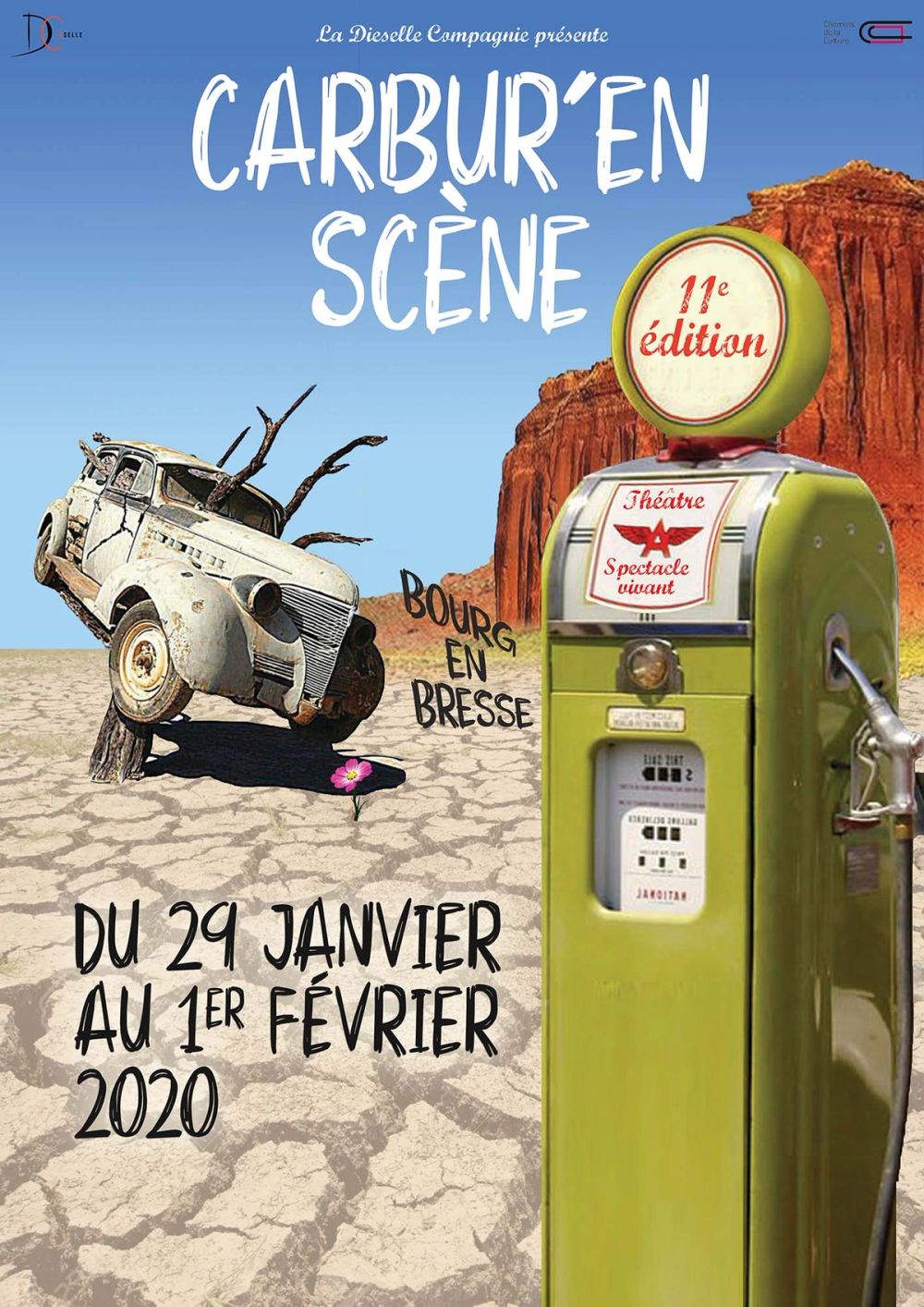 Affiche du festival Carbur'en Scène 2020 à Bourg-en-Bresse : voiture ancienne et pompe à essence dans un désert