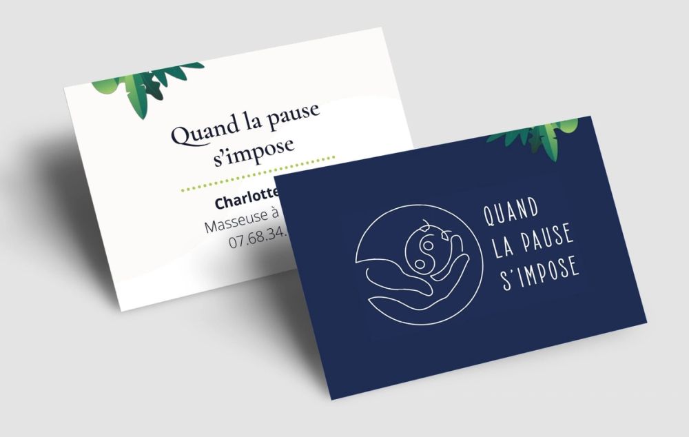 Cartes de visite de Quand la pause s'impose, masseuse bien-être : face blanche et face bleu marine