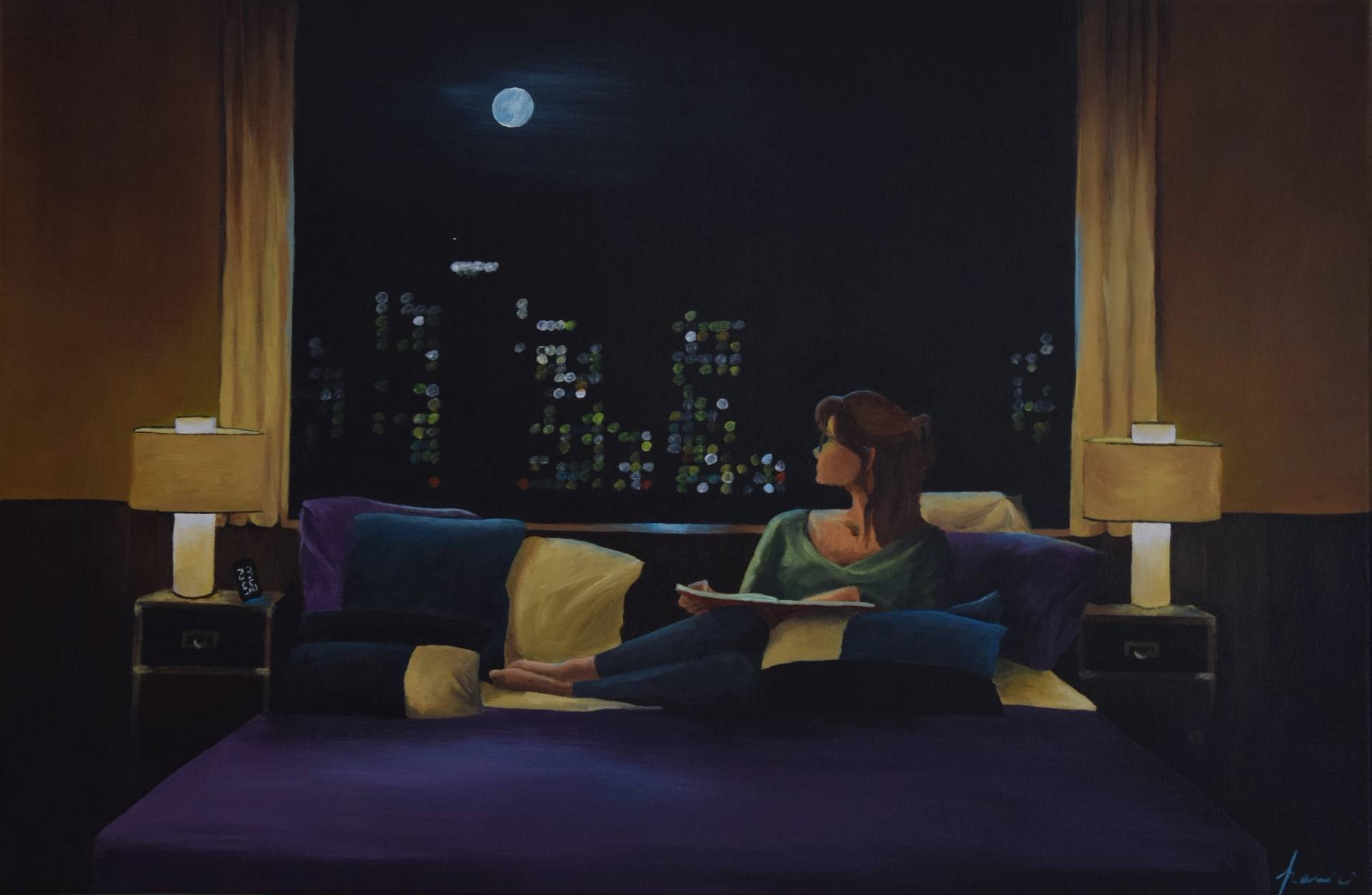 23h56, peinture acrylique : une femme lit sur son lit, face à une fenêtre ouverte sur la ville la nuit