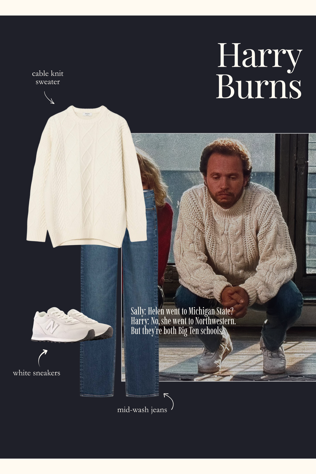 Harry Burns outfit with a cable knit sweater, jeans, and white sneakers