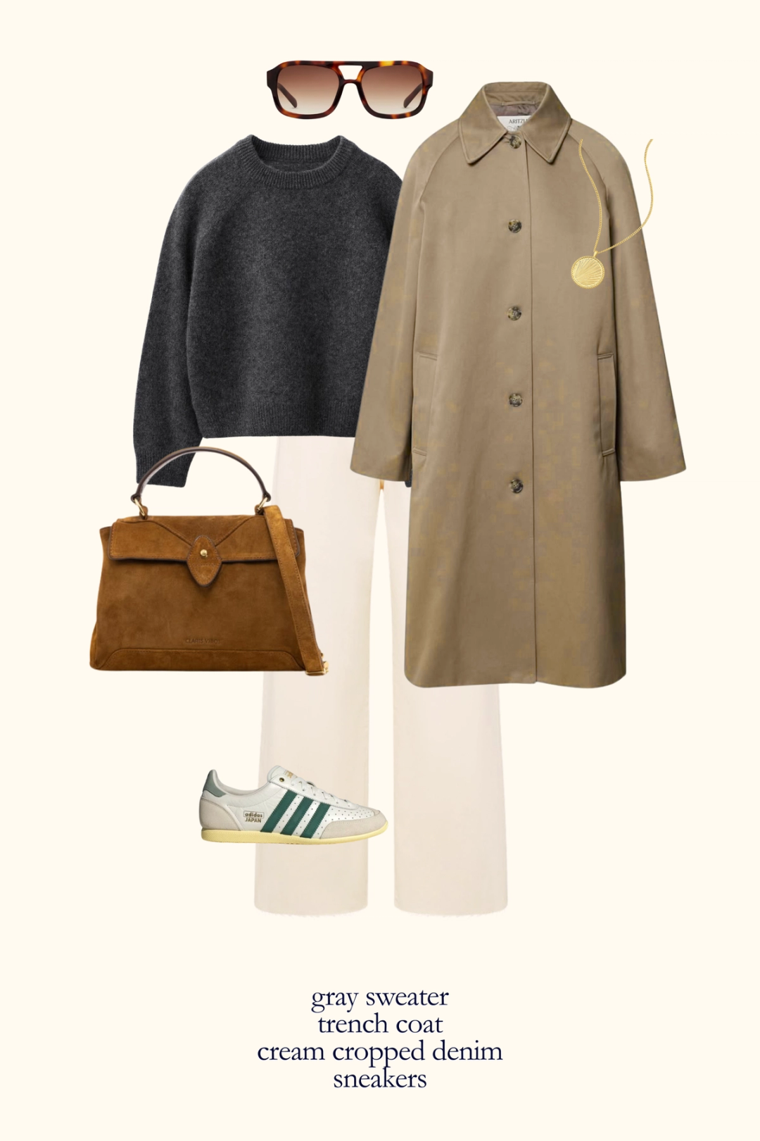fall outfit with a gray sweater, tan trench coat, cream denim, and sneakers