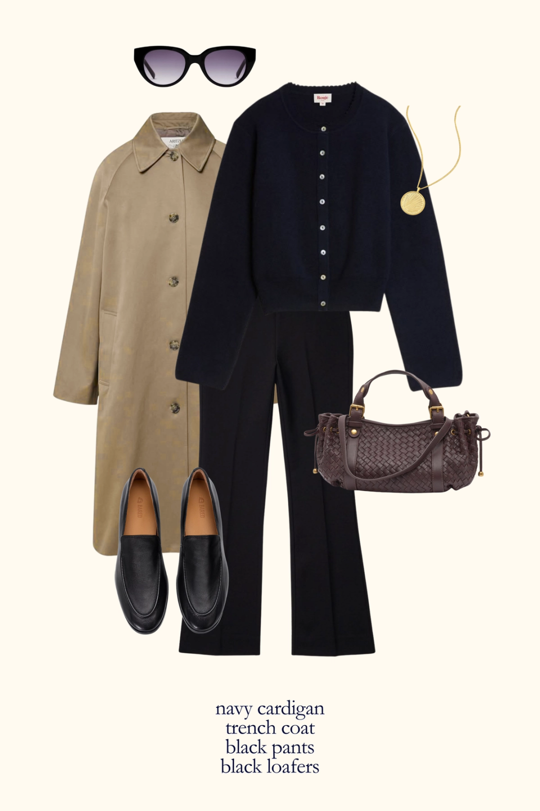 Parisian fall outfit with a navy cardigan, tan trench coat, black kick flare pants, and black loafers