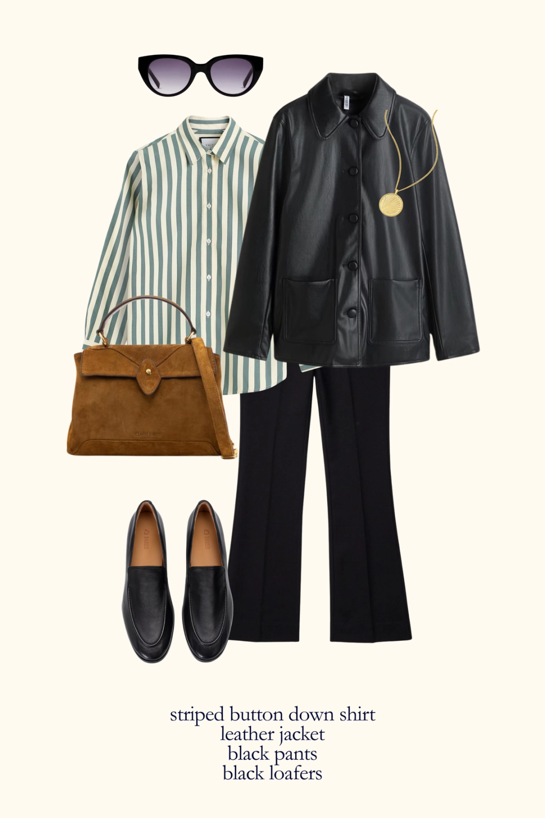 Parisian inspired fall outfit with a green striped button down shirt, black leather jacket, black kick flare pants, and black loafers