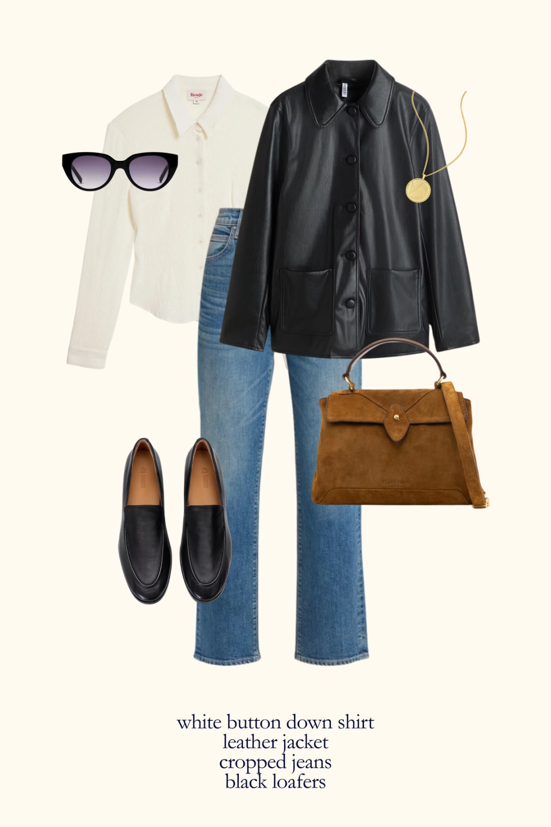 Parisian inspired fall outfit with a white button down shirt, black leather jacket, cropped denim, and black loafers
