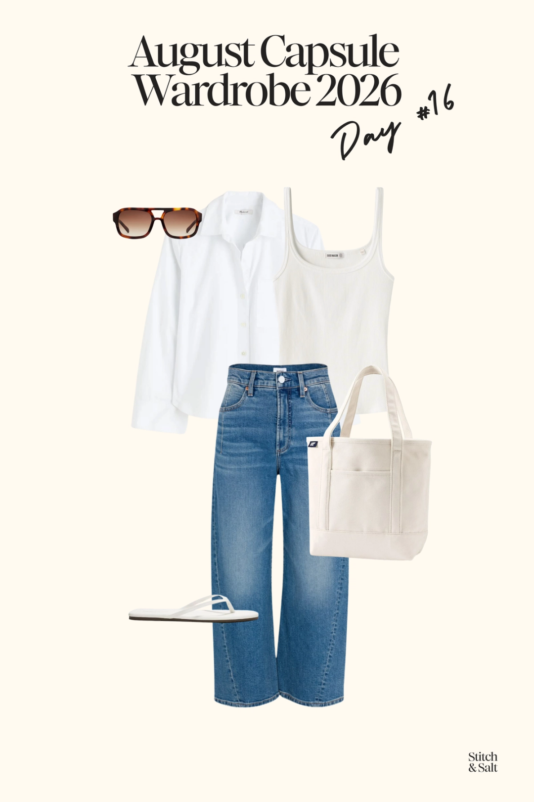 summer capsule outfit with a white tank, white button down, wide leg jeans, and white flip flops