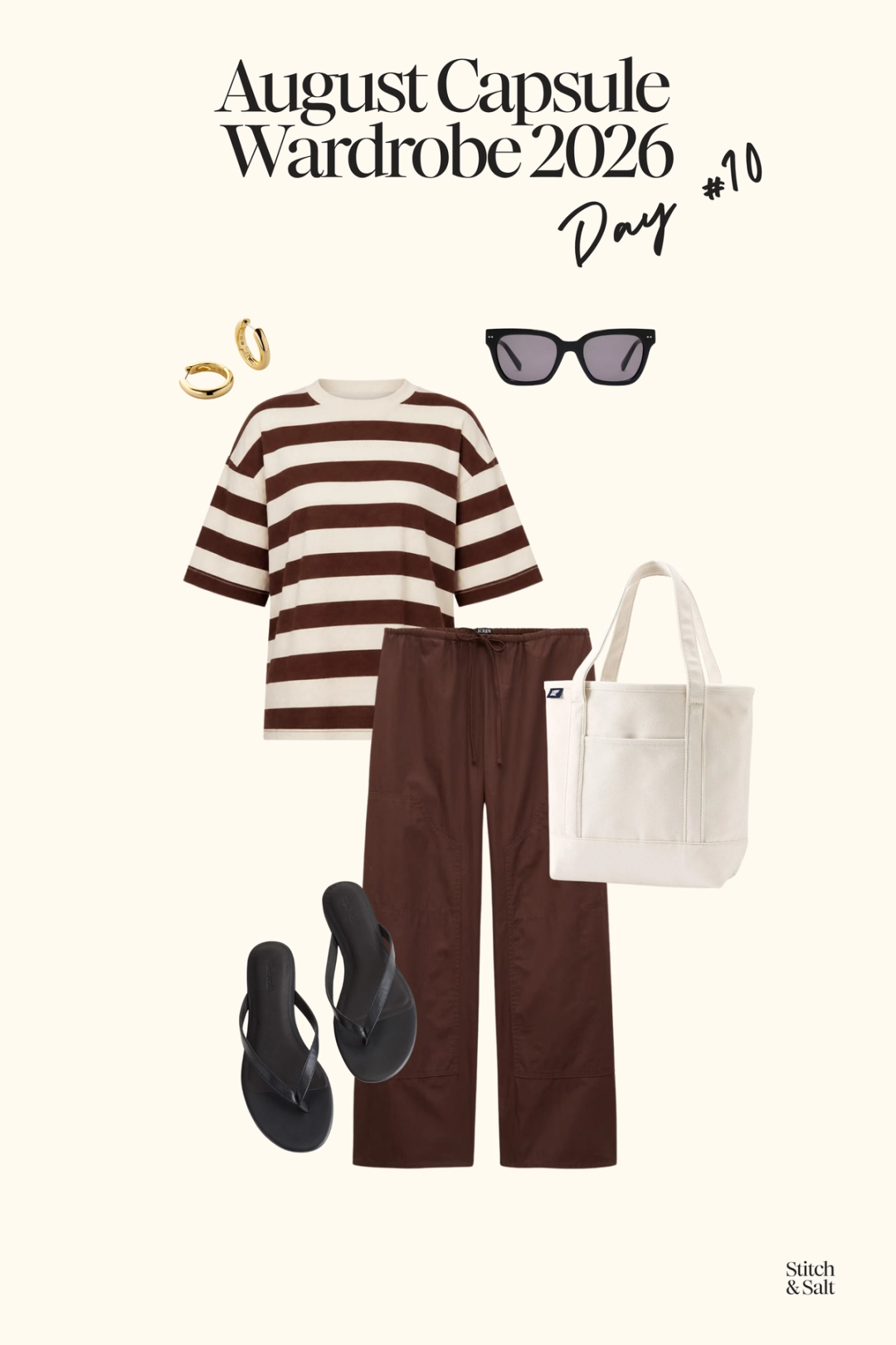 summer capsule outfit with a white and brown striped tee, brown poplin pants, black flip flops and a canvas bag