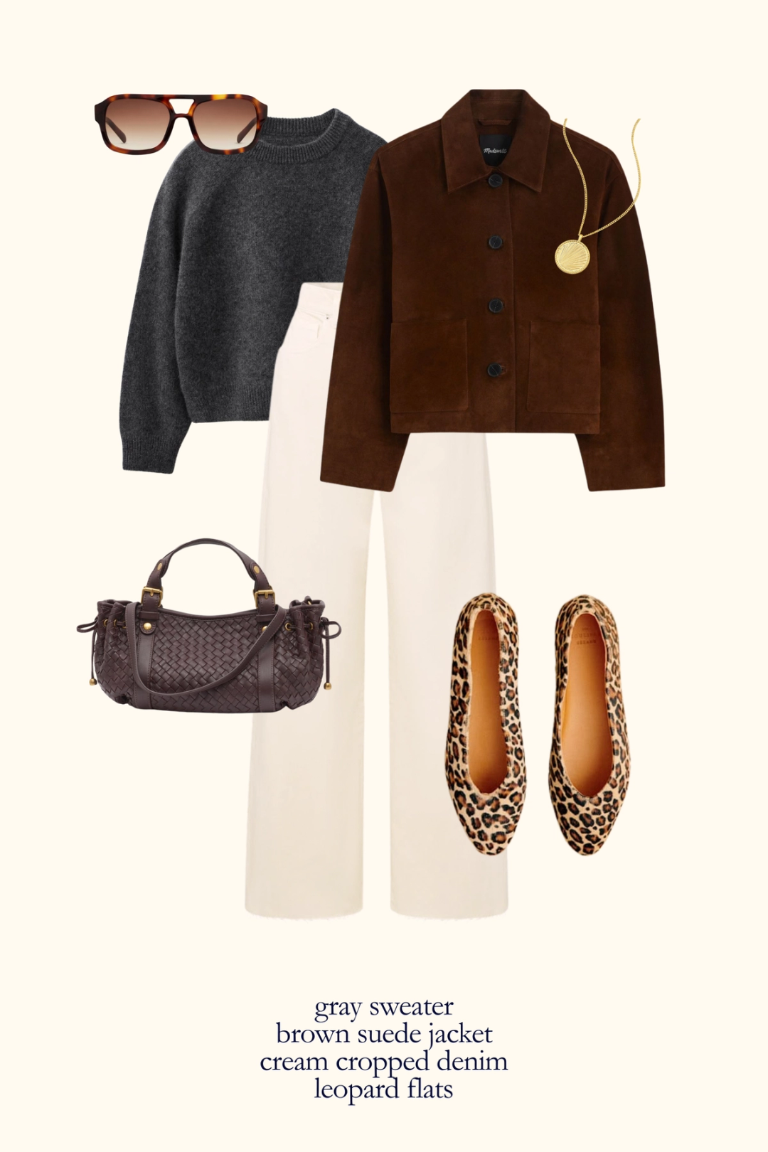 Parisian inspired fall outfit with a gray sweater, brown suede jacket, cream colored denim, and leopard print flats