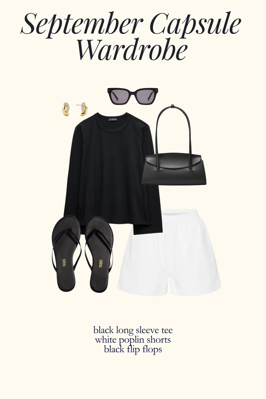 early fall outfit with a black long sleeve tee, white poplin shorts, and black flip flops