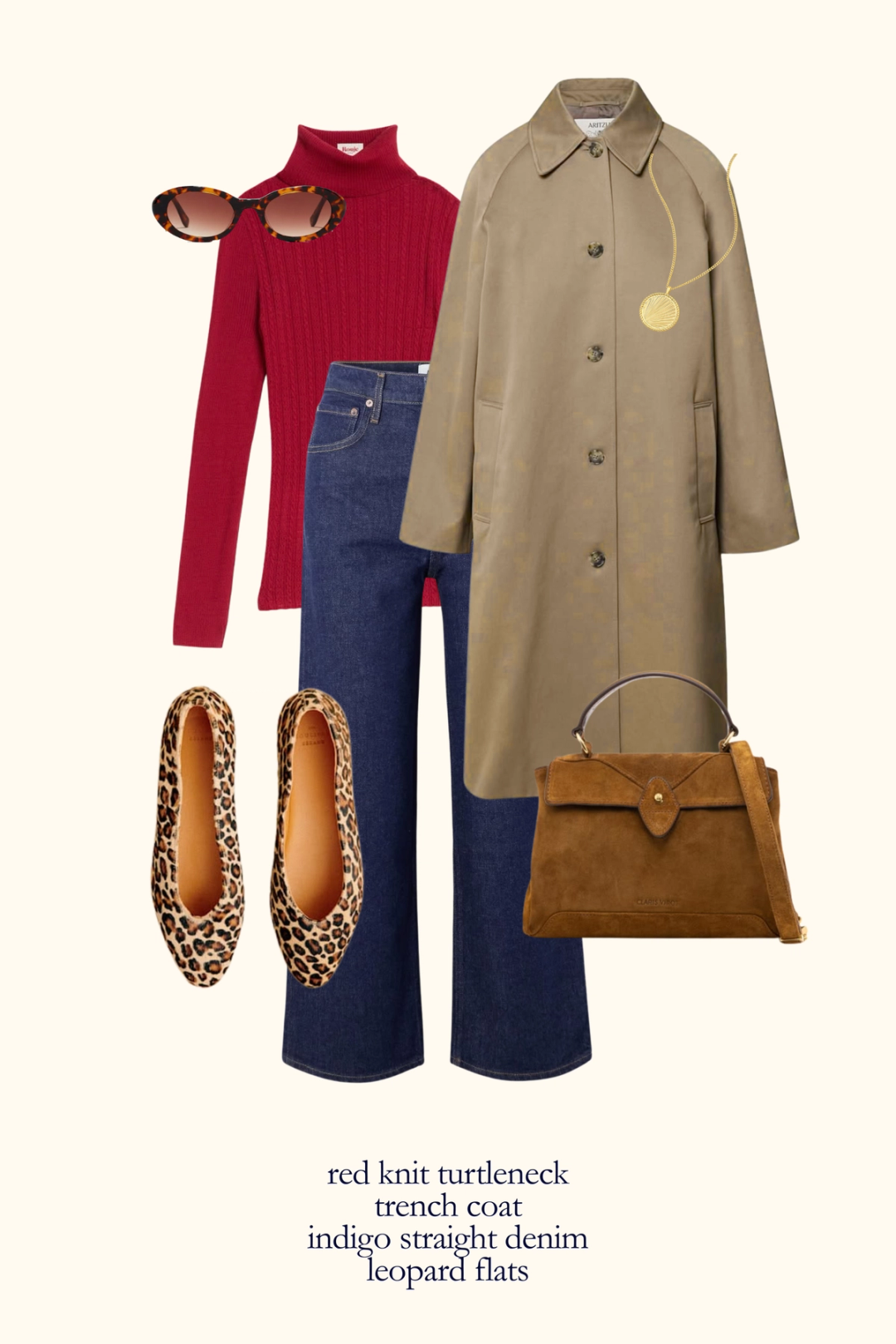 Parisian fall outfit with a red turtleneck, tan trench coat, indigo jeans, and leopard print flats