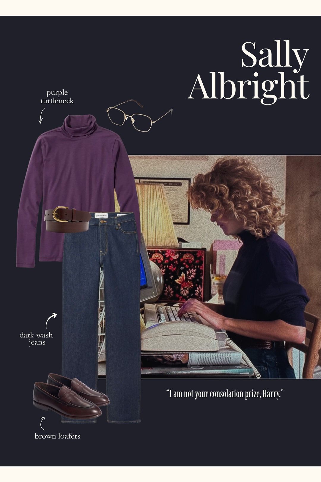 Sally Albright outfit with a purple turtleneck and dark wash jeans