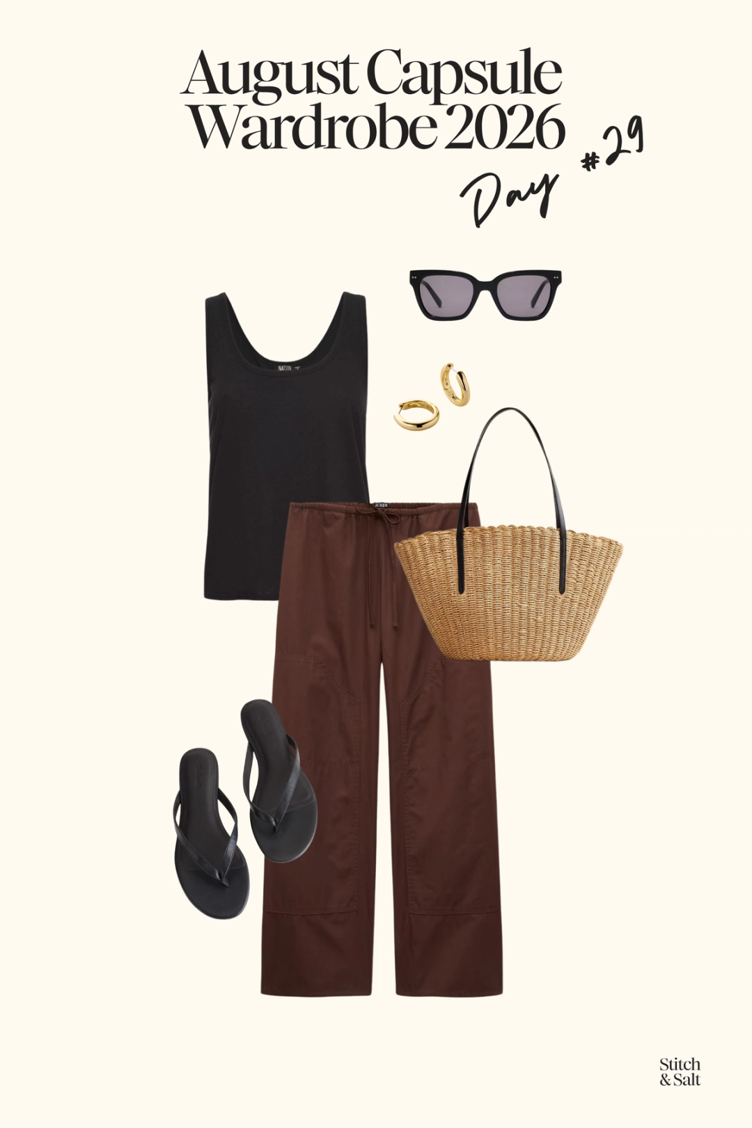 summer outfit with a black tank, brown poplin pants, black flip flops and a woven tote bag
