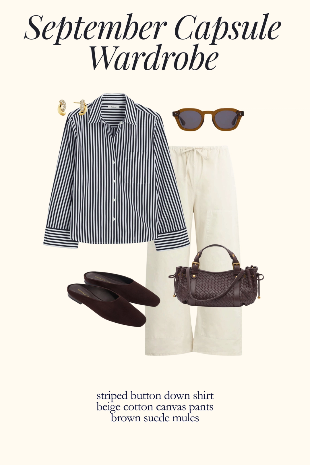 early fall outfit with a striped button down, beige barrel pants, and brown suede mules