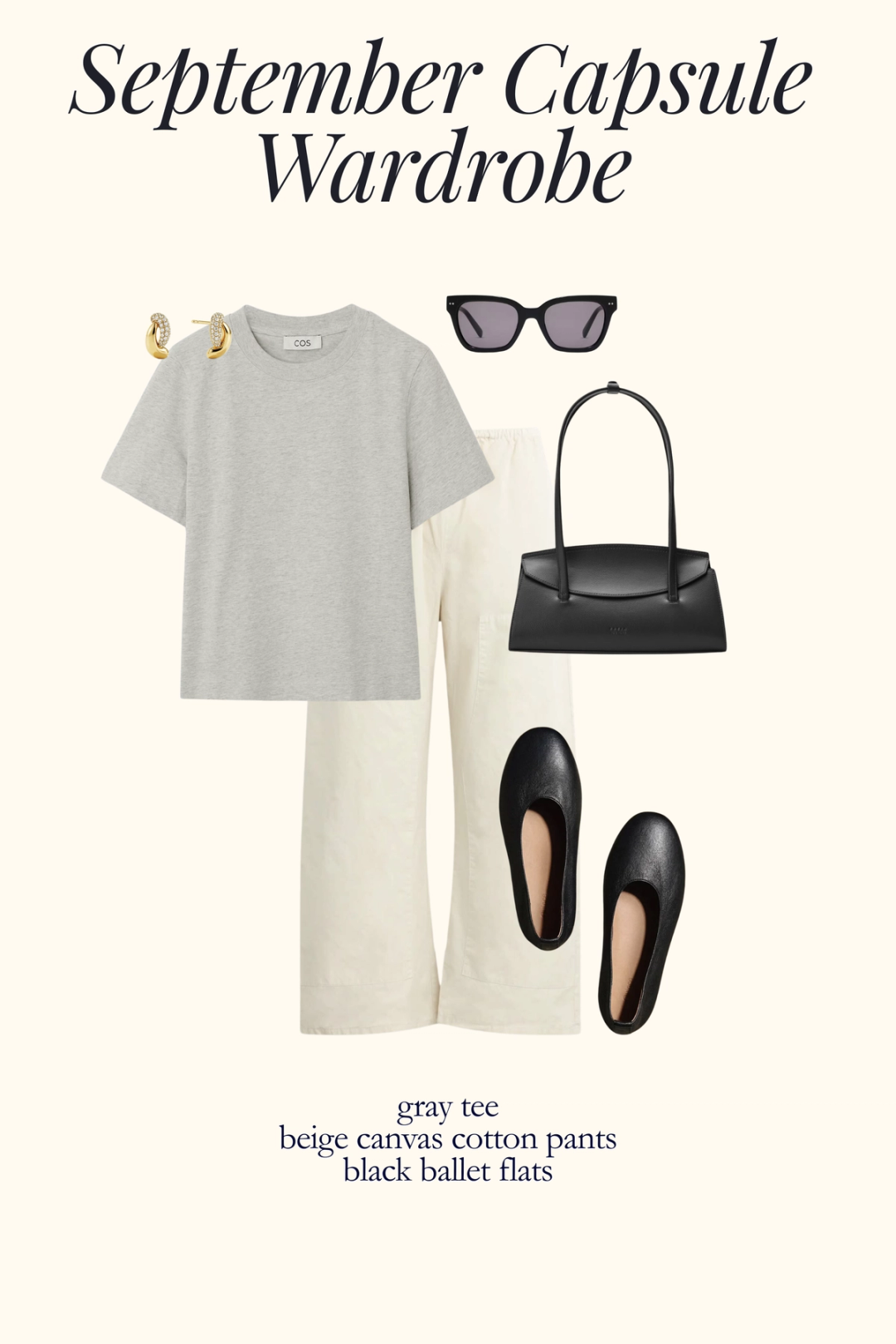 fall outfit with a gray tee, beige barrel pants, and black ballet flats