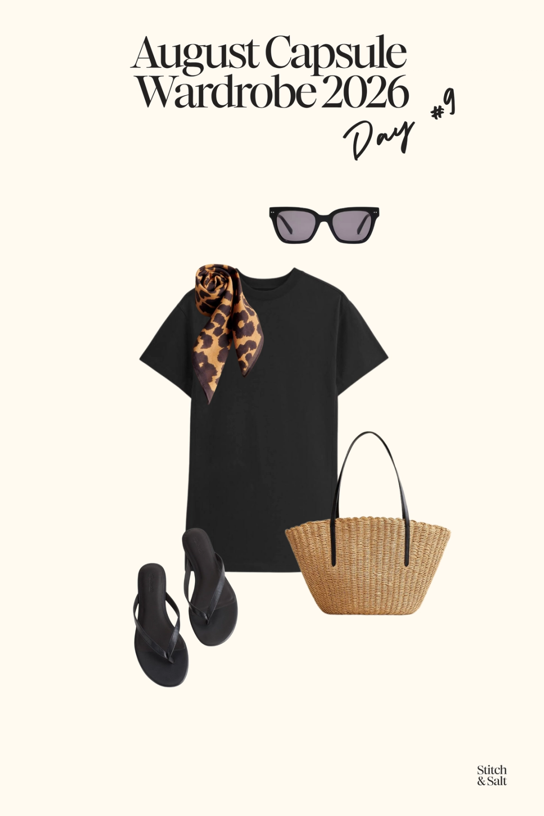 summer capsule outfit with a black t-shirt dress, black flip flops, a leopard print scarf, and woven tote bag