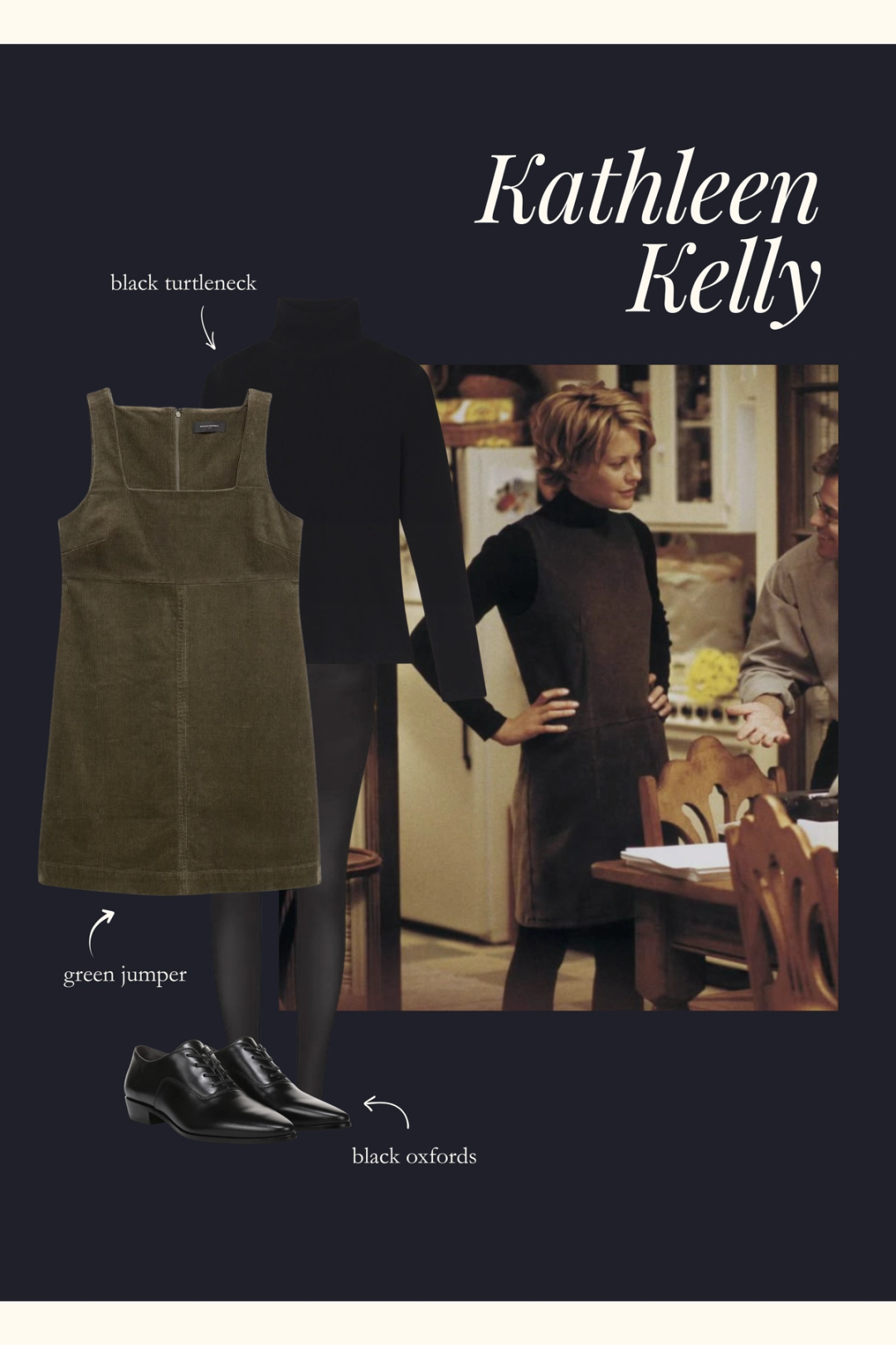 Kathleen Kelly outfit with a black turtleneck under a green jumper with tights and black shoes
