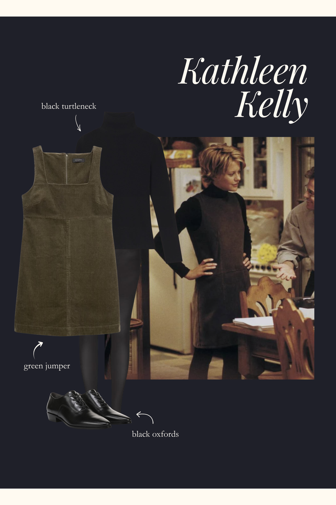Kathleen Kelly outfit with a black turtleneck under a green jumper with tights and black shoes